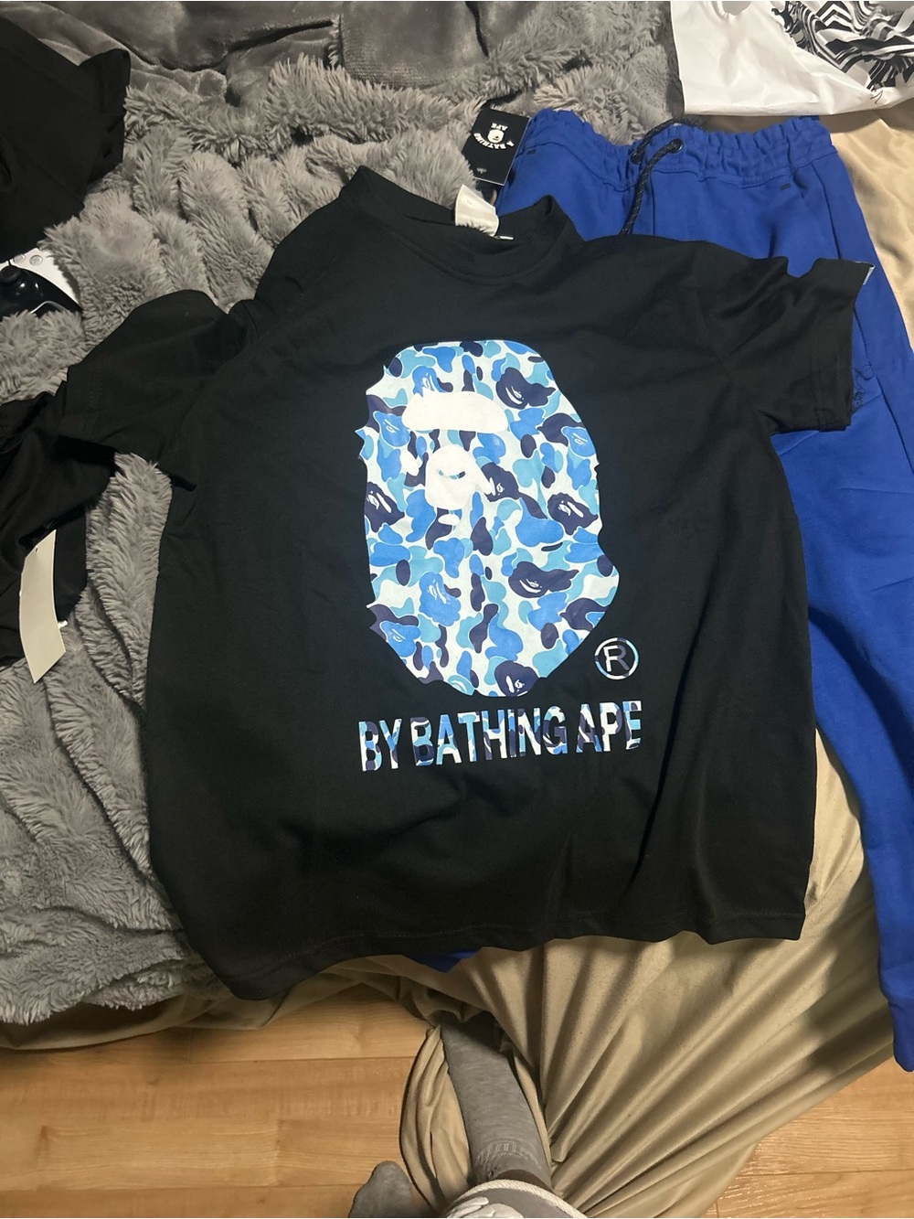 Bape Black Tee with Blue Camo Ape Head